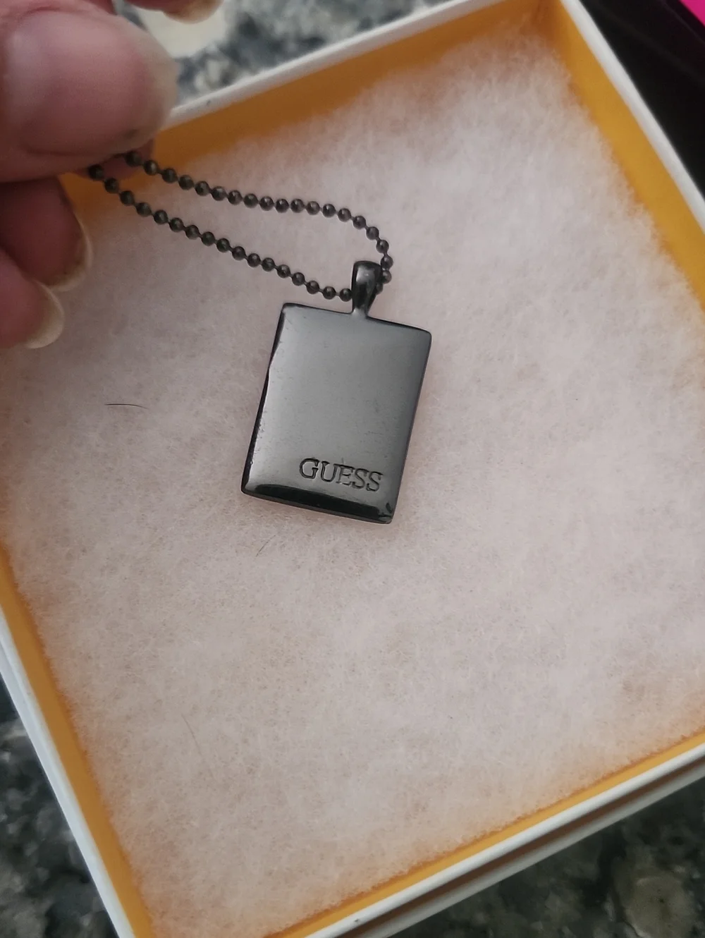 GUESS Gunmetal Rectangular Pendant with Multicolor Pave Crystals